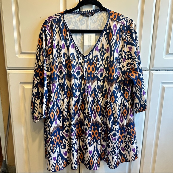 BloomChic Tops - BloomChic Navy, White & Purple Ikat Peplum Blouse with Orange Accents